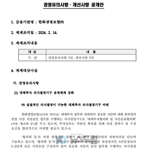 ▲금감원 한화도박 경영유의사항·개선사항 통보