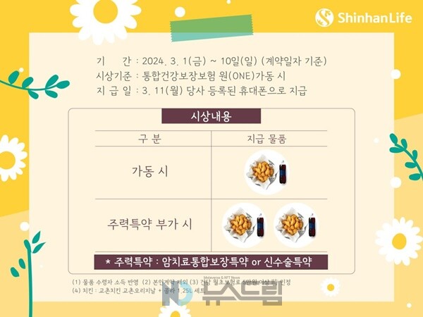 ▲신한라이프는 GA 등을 대상으로 신한 통합건강보장도박 사이트 원 판매 촉진을 위한 치킨 증정 행사를 이달 진행 중이다=도박 사이트