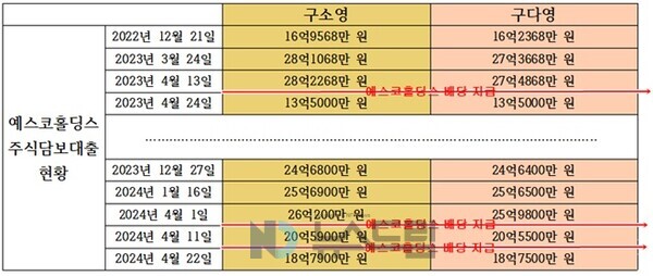 ▲구소영·구다영씨의 예스코홀딩스 주식담보대출 현황 중 일부. 자료 금감원 전자공시시스템=온라인 도박