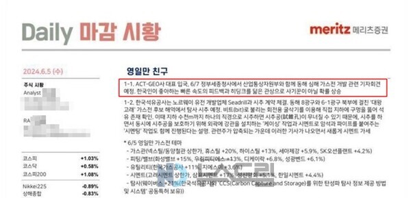▲2024년 6월 5일 메리츠도박 게임이 공개한 주식 마감 시황 보고서. 붉은 색으로 표시된 게 이번에 온라인상에서 논란에 휩싸인 문구다. 메리츠도박 게임 보고서 캡처=도박 게임