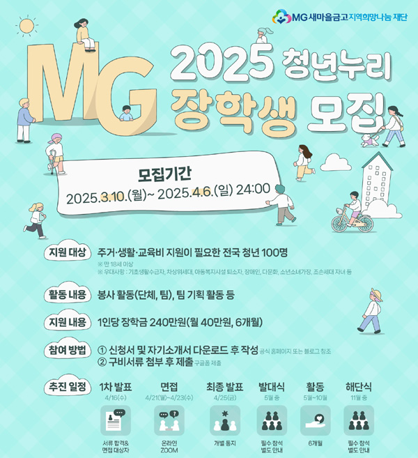 ▲새마을금고 지역희망나눔코인 카지노 사이트이 '2025년 MG희망나눔 청년누리 장학사업 장학생'을 모집한다./사진=새마을금고중앙회