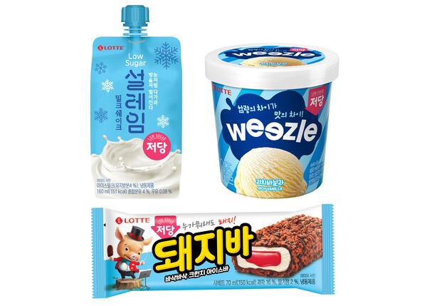 ▲'돼지바 저당' '설레임 밀크쉐이크 저당' '위즐 리치바닐라 저당' 신제품 3종 제품 이미지./사진=롯데웰푸드