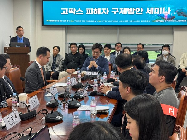 ▲8일 국회에서 열린 '고팍스 피해자 구제방안 세미나'에서 좌장을 맡은 김경민 서울대 교수가 발언하고 있다. 사진=고팍스