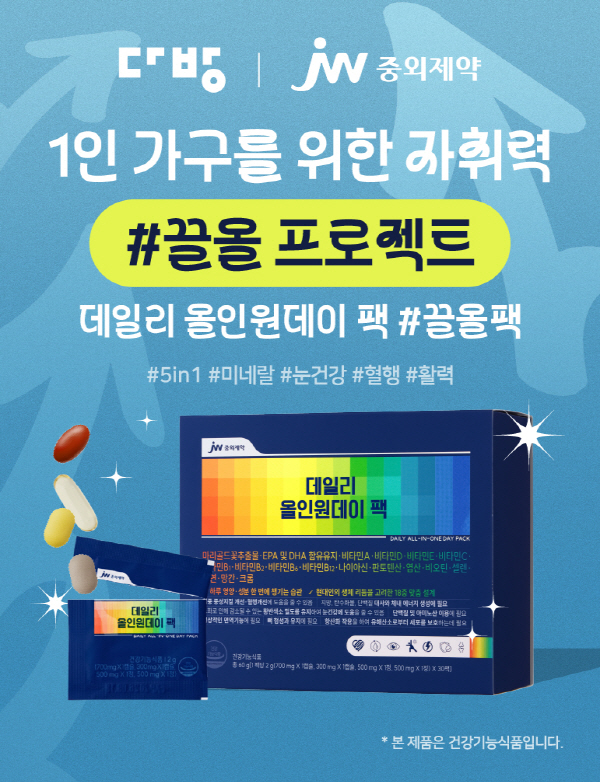 ▲JW중외제약은 건강기능식품 ‘데일리 올인원데이 팩’의 브랜드 인지도 제고를 위해 부동산 정보 플랫폼 ‘다방’과 공동 도박 종류을 진행한다.(사진=JW중외제약)