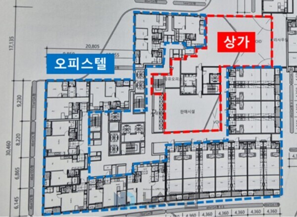 ▲에이치디씨 현대산업개발의 입찰도서 중 오피스텔 평면도. 상가와 오피스텔이 같은 층에 배치돼 있다=독자 제공