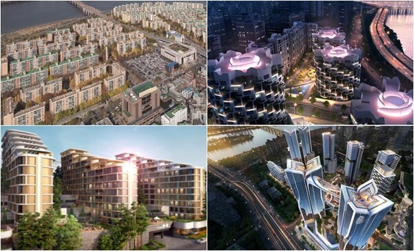 ▲(왼쪽 위부터 시계 방향으로) 압구정 현대 아파트, 서울 용산구 한남4구역에 삼성물산 건설부문이 제안한 래미안 글로우 힐즈 한남 조감도, 서울 용산정비창 전면1구역에 포스코이앤씨(구 포스코건설)가 제안한 오티에르 용산 스카이브릿지 조감도, 서울 용산구 한남3구역에 현대건설이 제안한 한남 디에이치 더로얄 투시도= 현대건설, 삼성물산, 포스코이앤씨, 현대건설 제공