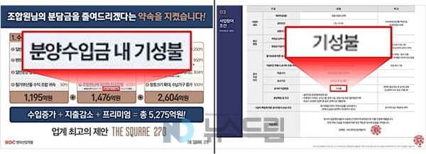 ▲에이치디씨 현대산업개발이 방배신삼호 재건축사업 현장에서 홍보 중인 전단(왼쪽)과 전면1구역 pc 슬롯 머신 게임에 제출한 제안서. 공사비 상환 방식이 다르다= 독자 제공