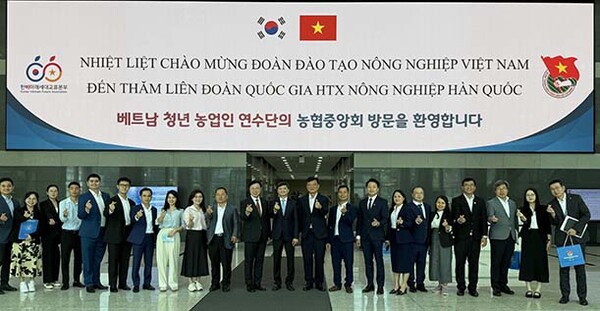 ▲농협중앙회는 6월 23일 사단법인 한베미래세대교류본부가 베트남 호치민공산청년단에서 선발한 청년 농업인들을 초청, 한국 농협의 주요 농업 기반 시설을 견학하고 선진 농업 기술 및 유통 시스템을 배우는 연수 프로그램을 운영한다고 밝혔다. (왼쪽에서 11번째)이종욱 상무, (왼쪽에서 12번째) 응우옌 민 찌엣 연수단 대표이자 호치민공산청년단 서기, (왼쪽에서 13번째) 김동환 한베미래세대교류본부 이사장. / 사진=농협