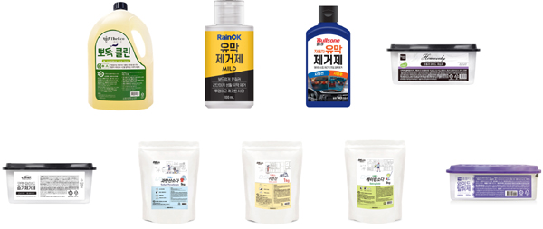 ▲(윗줄 왼쪽부터 시계 방향) 강청 뽀득클린, 불스원 레인오케이 마일드 유막제거제, 불스원 유막제거제, 대성인더스 홈블리 와이드 제습제, 홈블리 와이드 탈취제, 디에스 베이킹소다, 디에스 구연산, 디에스 과탄산소다, 코멧 와이드 습기제거제 /사진=녹색소비자연대전국협의회