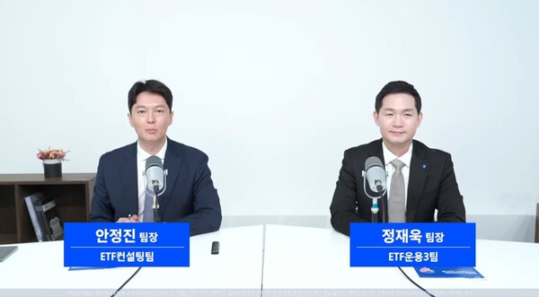 ▲삼성자산운용의 안정진 ETF컨설팅팀 팀장(좌측), 정재욱 ETF운용3팀 팀장(우측)이 7일 유튜브 간담회에서 'Kodex 미국S&P500 변동성확대시 커버드콜 ETF'에 대해 소개하고 있다. 사진=삼성자산운용 유튜브