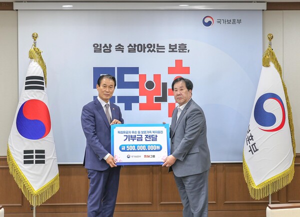 ▲SM그룹 우오현 회장(오른쪽)이 13일 오전 정부세종청사에서 열린 국가보훈부의 전 국민 보훈 기부 프로젝트 ‘모두의 보훈 마카오 슬롯 머신 후기’ 후원금 전달식에서 권오을 장관과 기념촬영을 하고 있다./사진=SM그룹