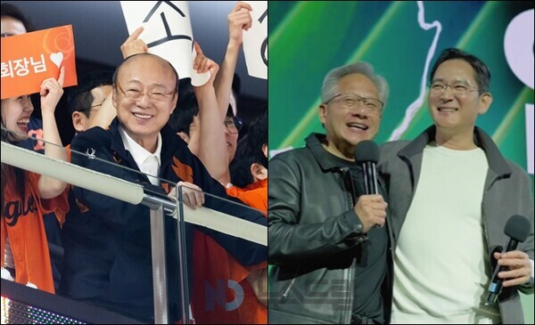 ▲(왼쪽부터) 김승연 한화그룹 회장, 젠슨 황 엔비디아 CEO와 이재용 삼성전자 회장=한화그룹, NVIDIA 제공